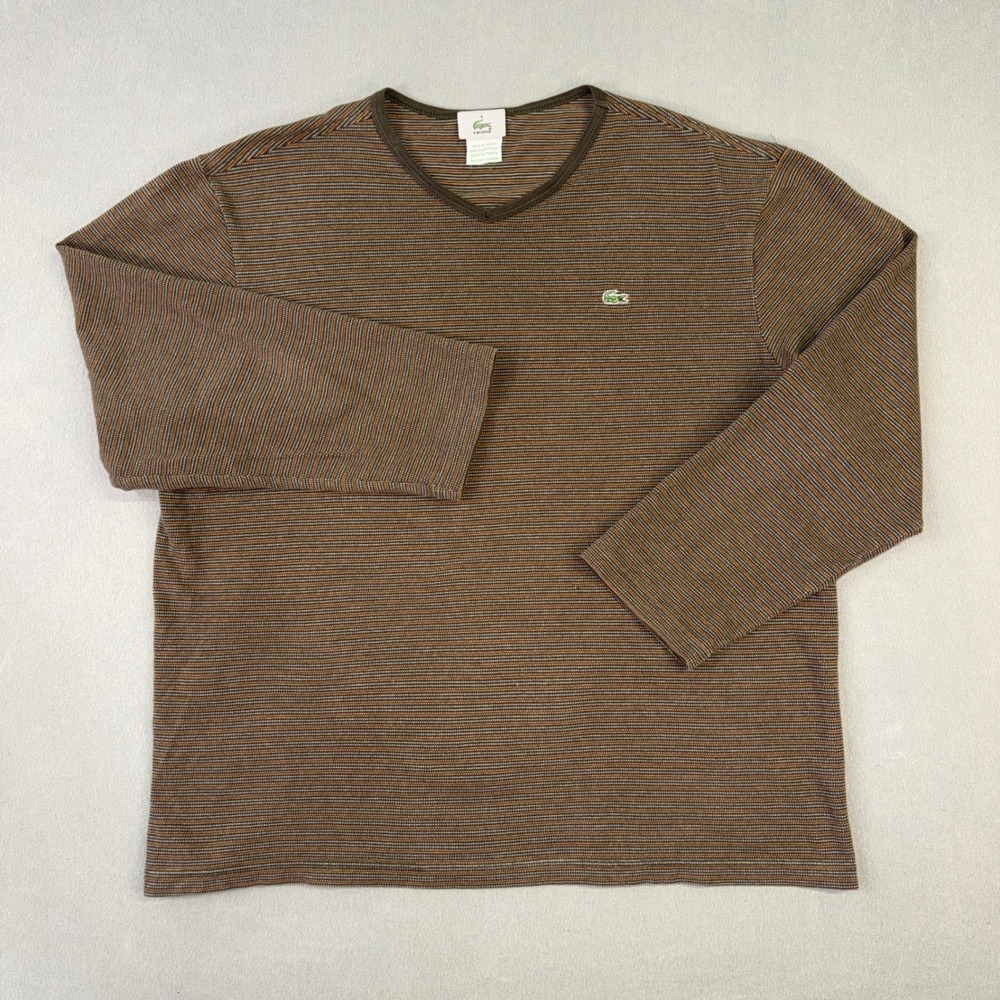 Lacoste Mens V-Neck Long Sleeve Shirt Brown Orange Micro Stripe Made in France 8